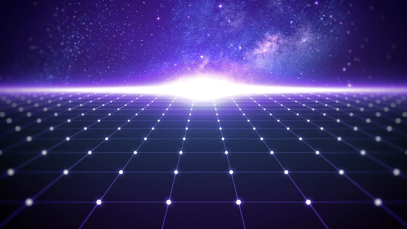 A purple background with stars and lights in the middle.