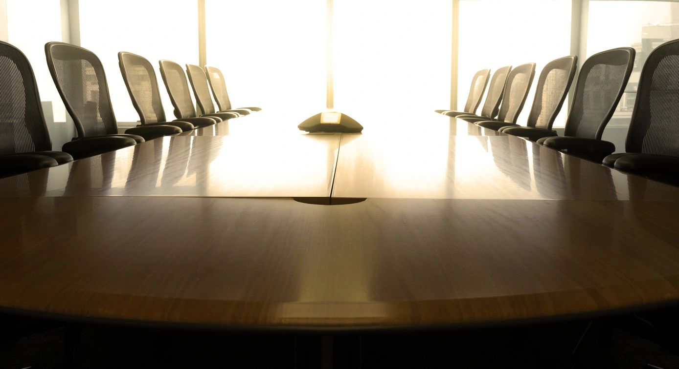 A conference table with chairs and a mouse.